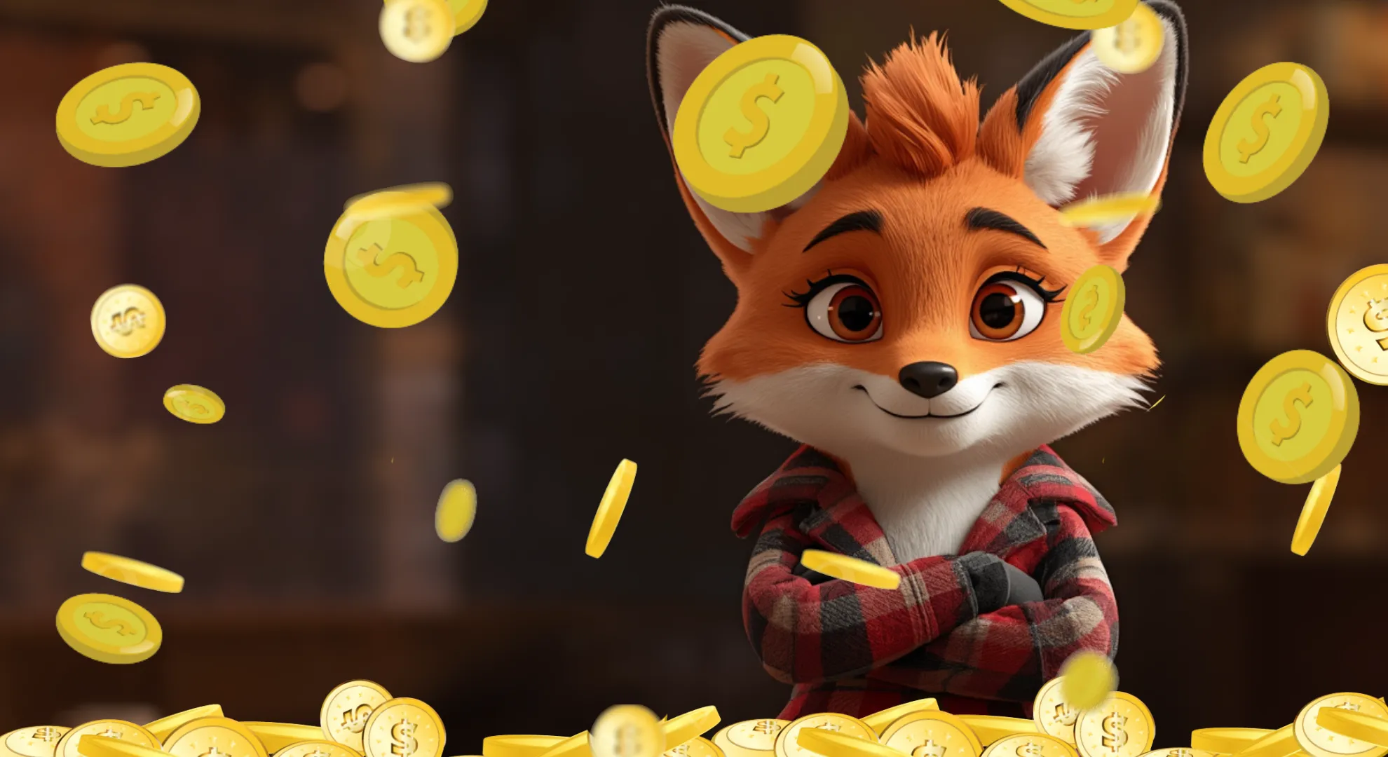 Volpe mascotte Corgibet con monete d'oro che cadono